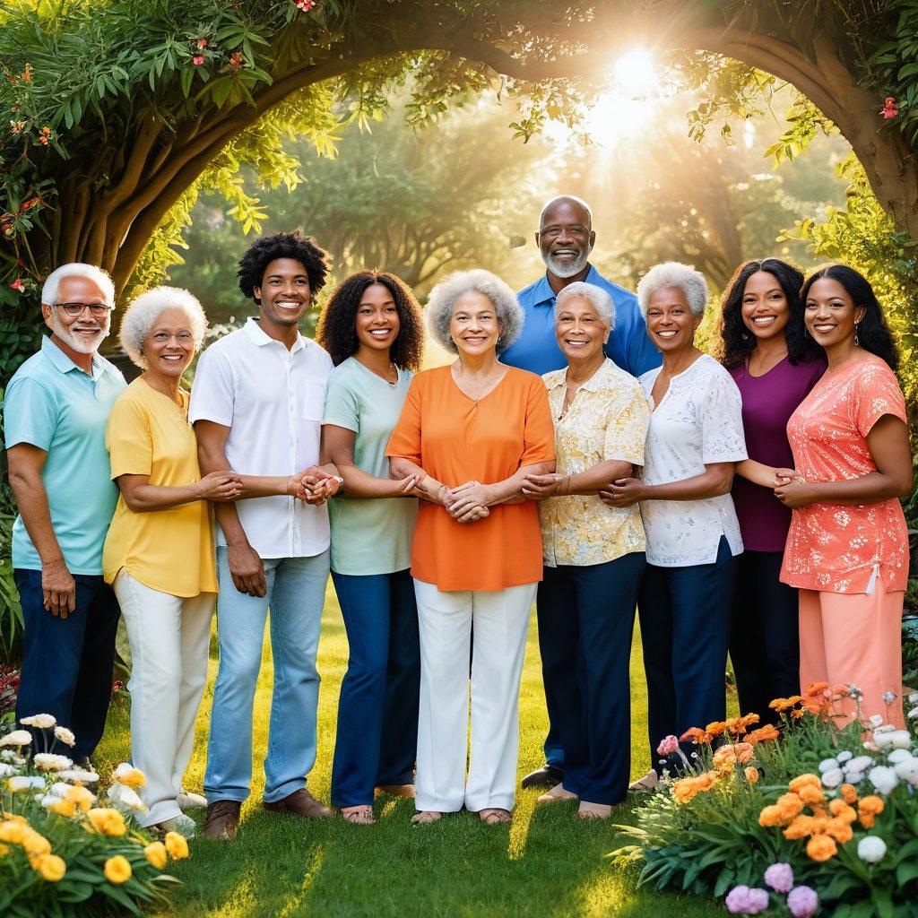 A diverse group of people of different ages, ethnicities, and abilities forming a human chain, symbolizing unity and kindness. They are surrounded by blooming flowers and a radiant sun rising in the background, showcasing hope and care in their expressions. The scene conveys warmth and connection among the individuals, with soft, inviting colors. super-realistic. vibrant colors. bright background.