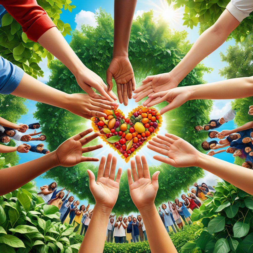 A vibrant illustration depicting diverse people from various cultures joyfully engaging in acts of generosity, such as sharing food, providing aid, and building community structures. Include symbols of charity like hearts and hands connected in a network formation, representing unity and collective good. Set against a bright, uplifting background of a sunny park filled with greenery. super-realistic. vibrant colors.