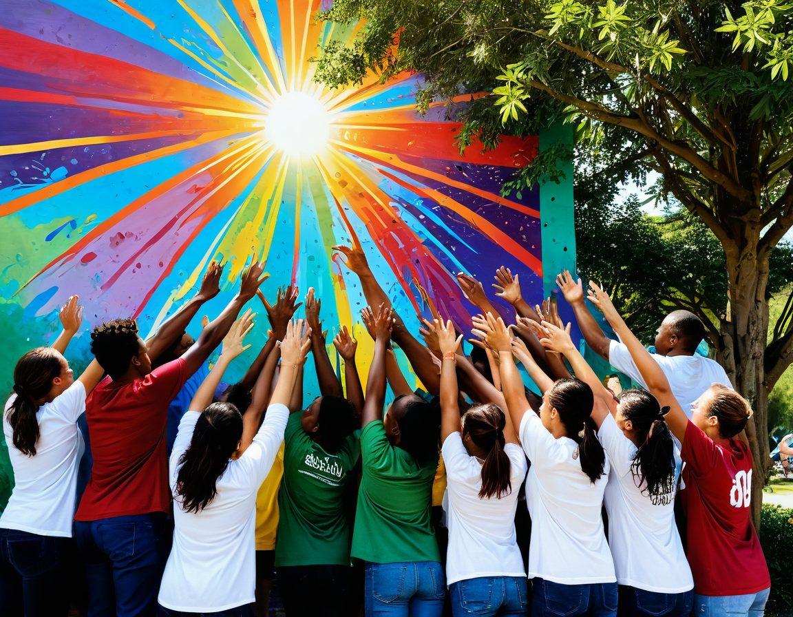 A heartwarming scene in a community park where diverse individuals come together, collaborating on a vibrant mural that symbolizes unity and kindness. Include joyful expressions, hands working together, and colorful paint splatters that represent compassion. In the background, lush trees and rays of sunlight filtering through, casting a warm glow over the gathering. super-realistic. vibrant colors.